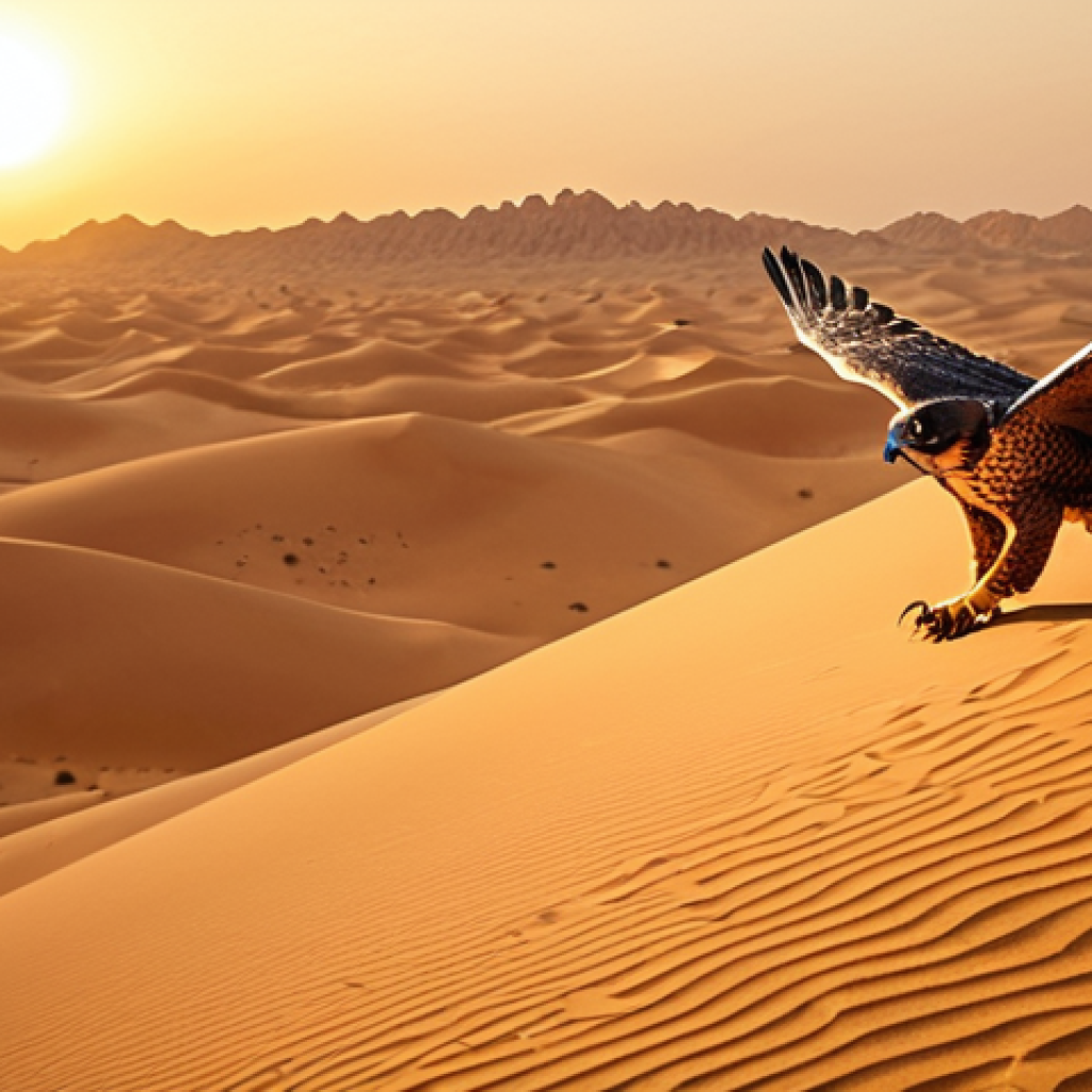 **

*   **Prompt:** "Majestic falcon soaring over golden desert dunes at sunset, Arabic calligraphy art style, warm color palette, cinematic lighting."

**