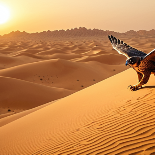 Home 19 **
* **Prompt:** "Majestic falcon soaring over golden desert dunes at sunset, Arabic calligraphy art style, warm color palette, cinematic lighting."
**