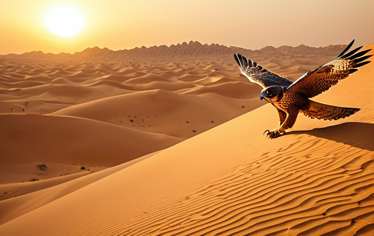 **

*   **Prompt:** "Majestic falcon soaring over golden desert dunes at sunset, Arabic calligraphy art style, warm color palette, cinematic lighting."

**