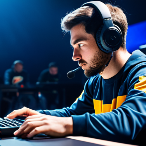 Home 18 A highly focused professional adult male esports player in a modest, fully clothed team jersey, seated at a gaming station within a large, modern esports arena during a competitive match. His posture is natural, embodying intense concentration and strategic thought. The arena is brightly lit with stage lights, showcasing a dynamic, energetic atmosphere. The player's hands are naturally positioned on his keyboard and mouse, well-formed with proper finger count.
**Quality & Safety Modifiers**: professional photography, high resolution, cinematic lighting, realistic rendering, detailed, perfect anatomy, correct proportions, natural pose, natural body proportions, safe for work, appropriate content, fully clothed, professional dress, modest clothing, family-friendly.