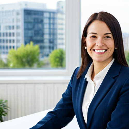 Home 17 **
A professional businesswoman in a modest, dark blue business suit, sitting at a clean, modern white desk in a bright, open office space with large windows overlooking a city. She is smiling slightly and looking directly at the viewer. The background includes blurred office workers and plants. Fully clothed, appropriate attire, safe for work, perfect anatomy, natural proportions, professional photography, high quality, family-friendly.
**
