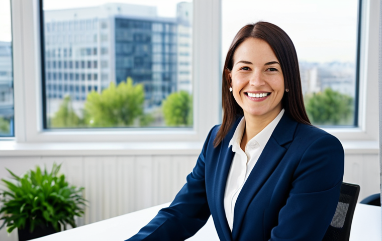 **

A professional businesswoman in a modest, dark blue business suit, sitting at a clean, modern white desk in a bright, open office space with large windows overlooking a city. She is smiling slightly and looking directly at the viewer. The background includes blurred office workers and plants. Fully clothed, appropriate attire, safe for work, perfect anatomy, natural proportions, professional photography, high quality, family-friendly.

**