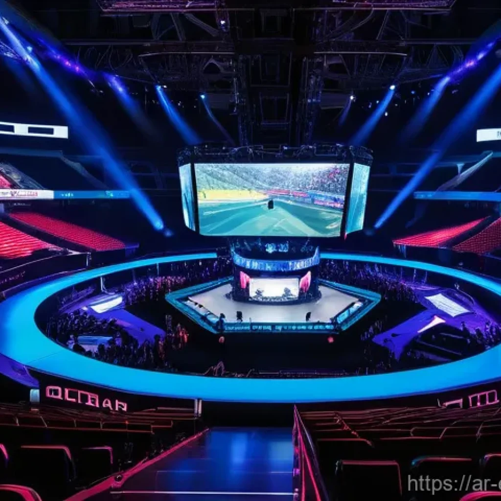 e스포츠의 글로벌 성장 - **Esports Tournament Grand Finale in the Middle East** A wide, dynamic shot of a futuristic espo...
