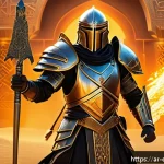 TFT 신규 패치 메타 - A dynamic battle scene featuring a diverse team of Arabic-inspired fantasy heroes in detailed armor ...