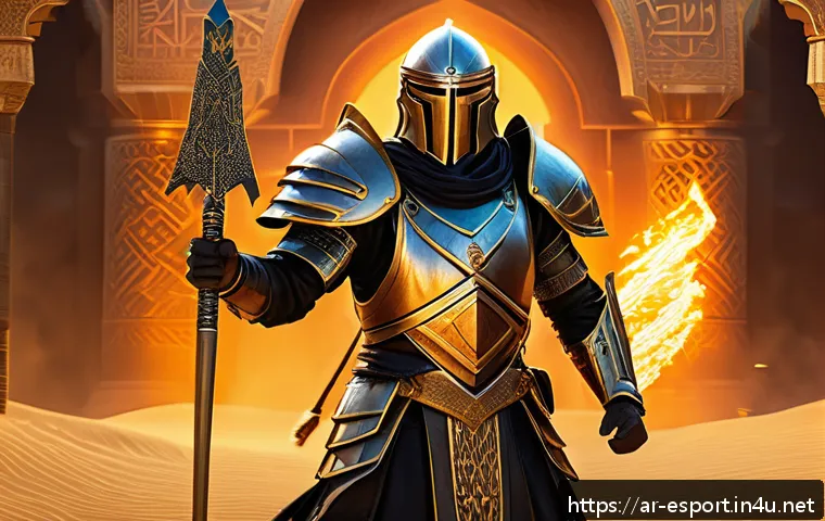 TFT 신규 패치 메타 - A dynamic battle scene featuring a diverse team of Arabic-inspired fantasy heroes in detailed armor ...