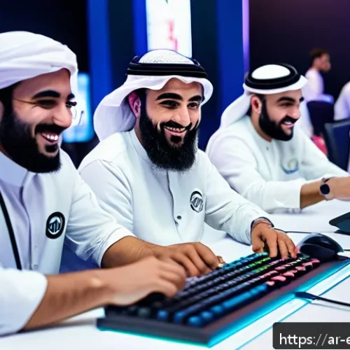 프로게이머 팬미팅 후기 - A vibrant gaming event scene set in a modern Arabic cultural context, featuring enthusiastic fans an...