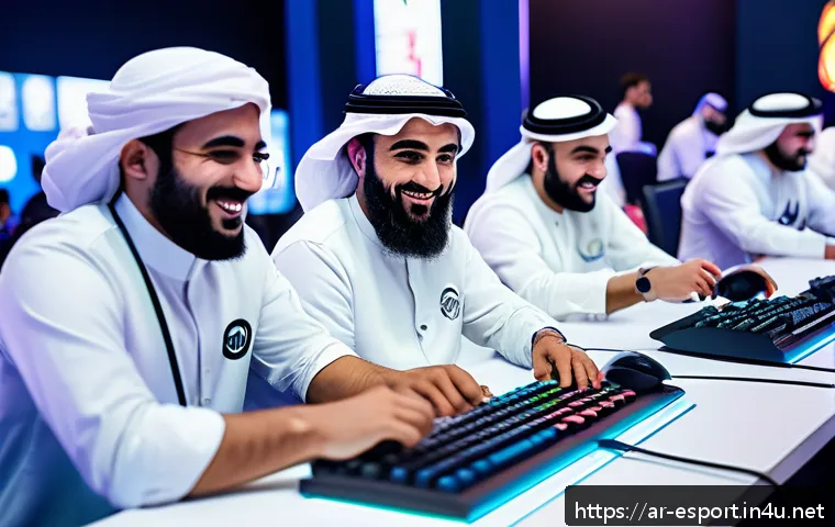 프로게이머 팬미팅 후기 - A vibrant gaming event scene set in a modern Arabic cultural context, featuring enthusiastic fans an...
