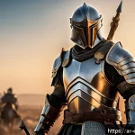 롤 챔피언 밴픽 전략 분석 - A detailed fantasy warrior character standing confidently on a battlefield at sunset, wearing intric...