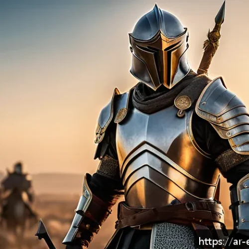 롤 챔피언 밴픽 전략 분석 - A detailed fantasy warrior character standing confidently on a battlefield at sunset, wearing intric...