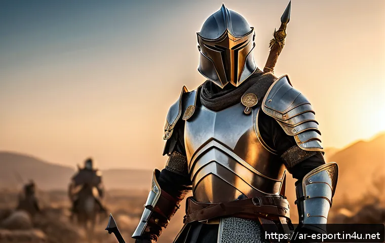 롤 챔피언 밴픽 전략 분석 - A detailed fantasy warrior character standing confidently on a battlefield at sunset, wearing intric...