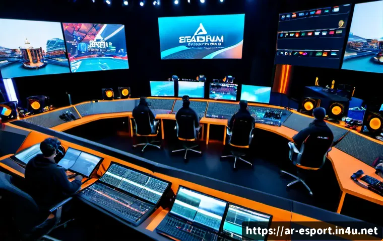 Home 17 LOL e스포츠 중계 장비 - Photorealistic professional esports broadcast control room in a modern Gulf Arab arena, Arabic male ...