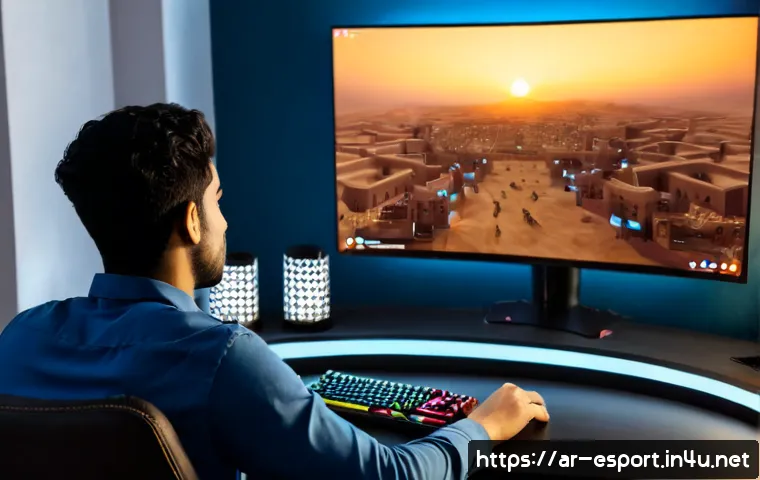 롤드컵 국제전 승률 - Photorealistic esports analysis scene in a modern Gulf Arab home office, young Arab male gamer in mo...