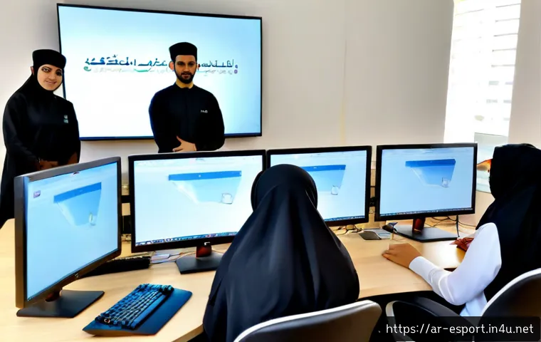 e스포츠 관련 학위 프로그램 - Photorealistic modern esports degree classroom at a Gulf Arab university, diverse young adult Arab s...